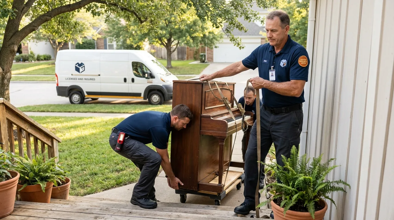 Licensed piano movers securing grand piano in Charles City, VA