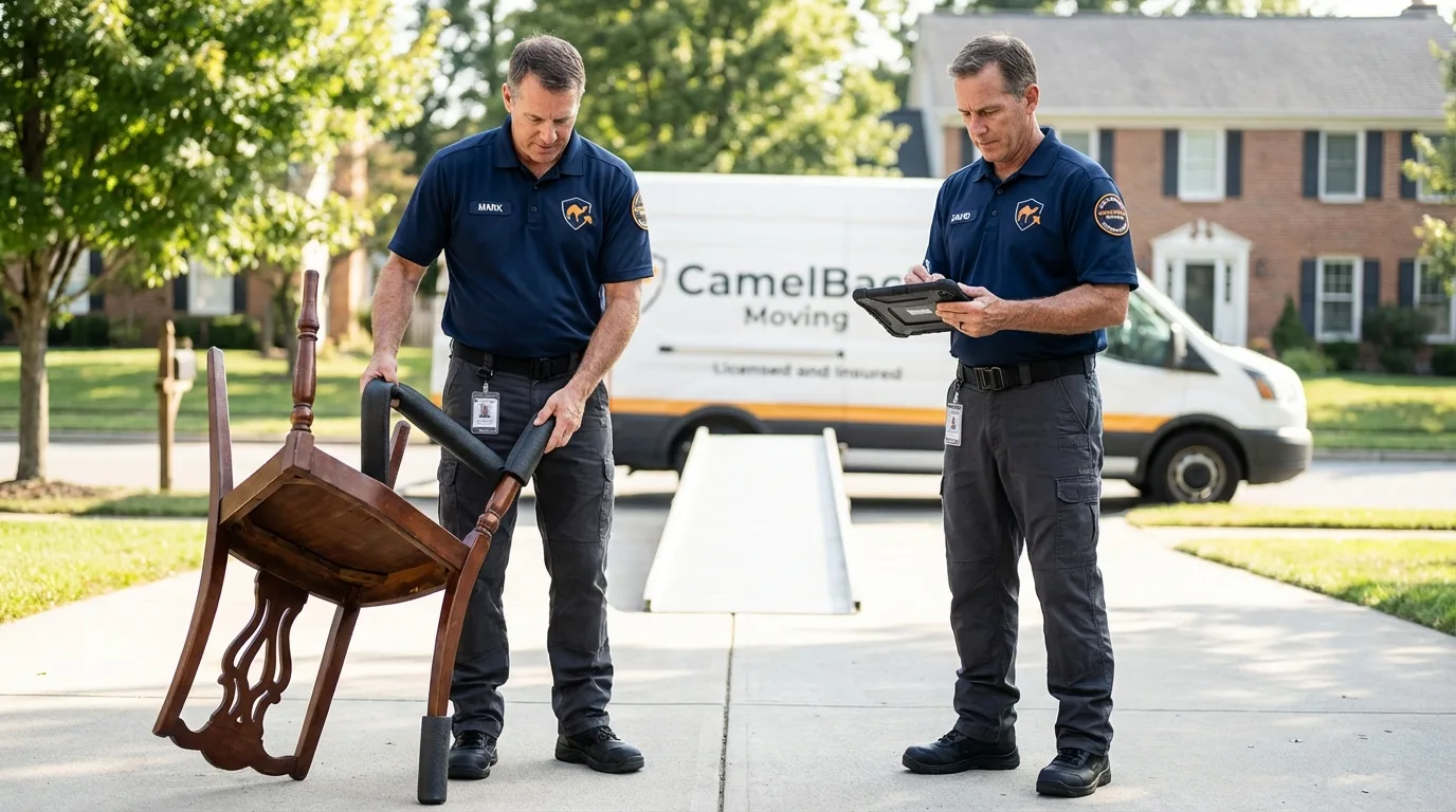 Movers inspecting furniture for damage prevention before loading in Charles City, VA