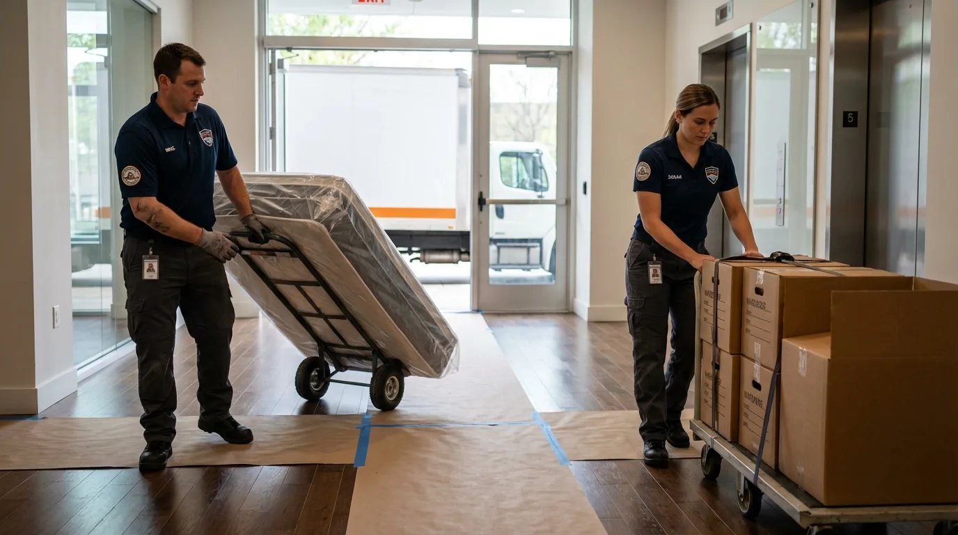 Professional apartment movers loading elevator in Charles City, VA